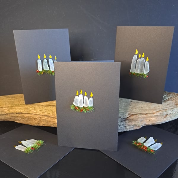 Hand Made Christmas cards, set of 5, sea glass, Christmas candles