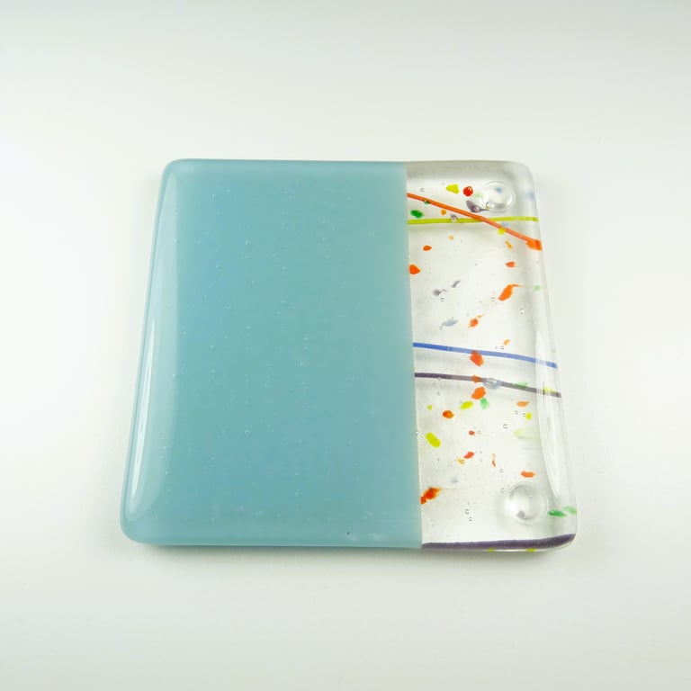 Blue collage fused glass coaster, 9cm, 6mm thick, handcrafted (0139)