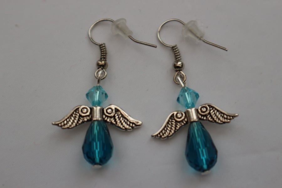 Silver plated beaded earrings- silver Christmas angel deep turquoise blue