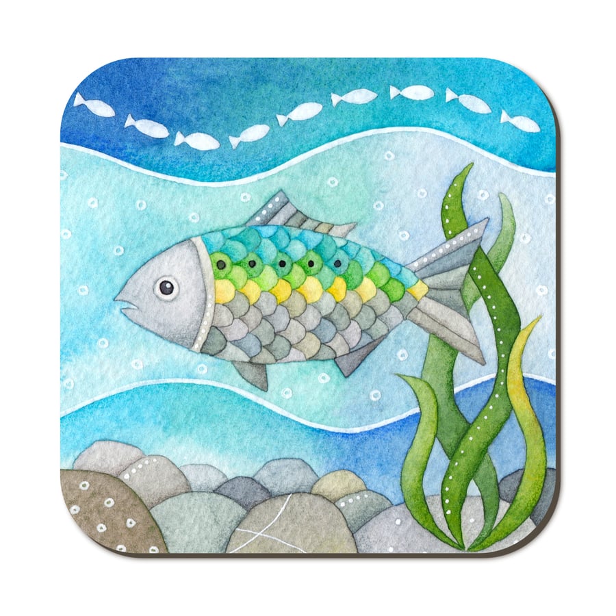 Fish Coaster. Cute Seaside Watercolour Painting. Seaside Nautical Decor.