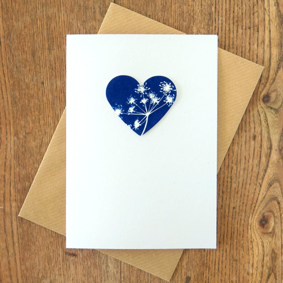 Cow Parsley Cyanotype Heart Valentines Card