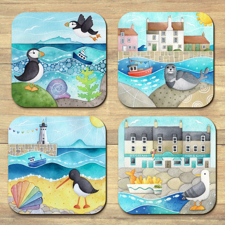 Seaside Coasters (Set of 4) Scottish Watercolour Art. Seagull, Puffin, East Neuk