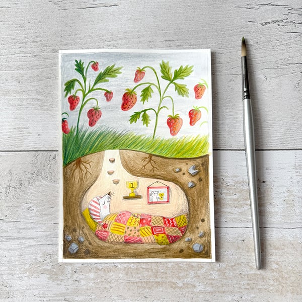 Original Mouse Strawberry Painting - Gouache Painting - One of a kind