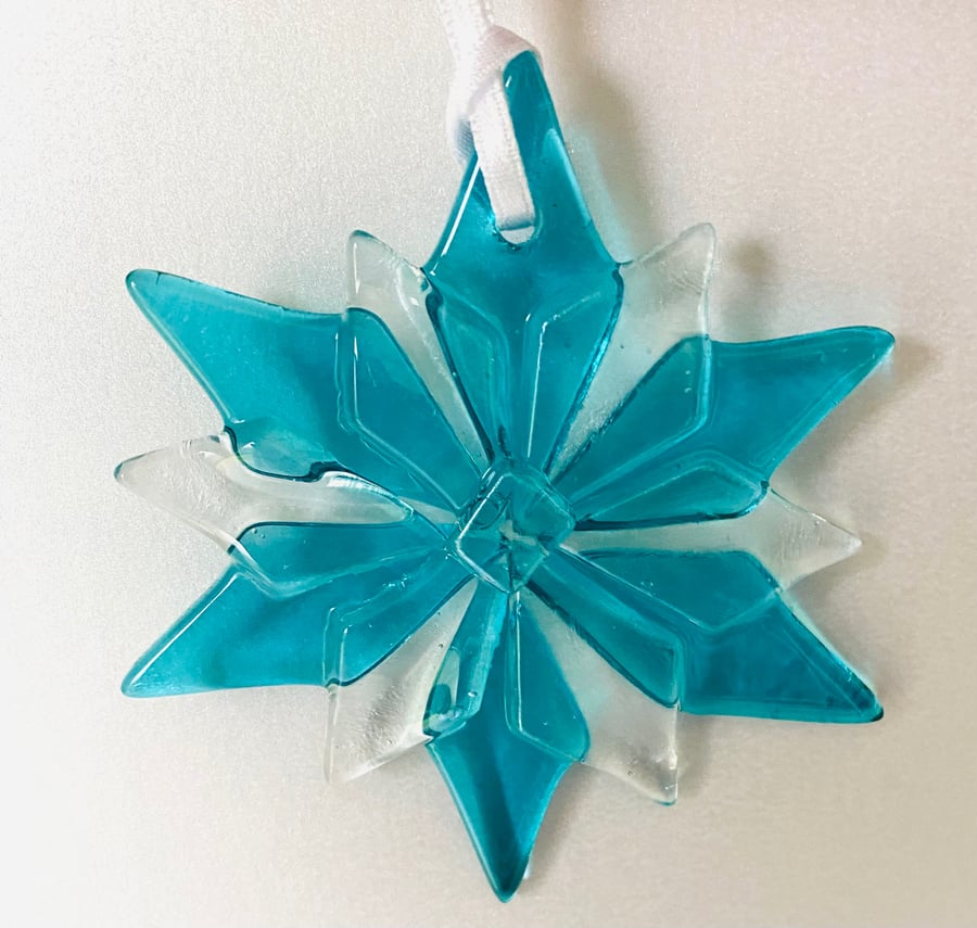 Turquoise fused glass flower snowflake Christmas decoration