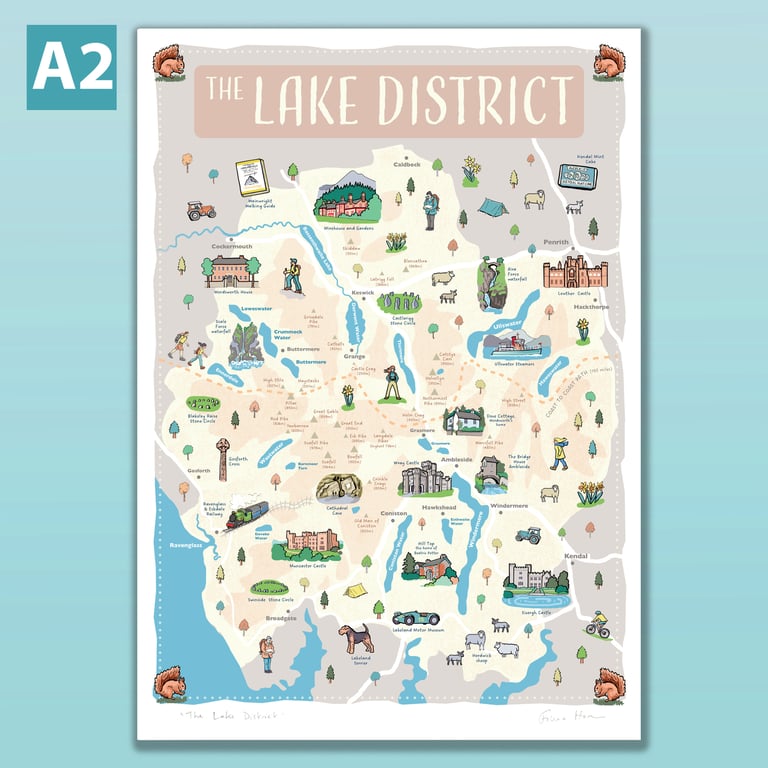 Lake District illustrated map poster A2, Cumbria