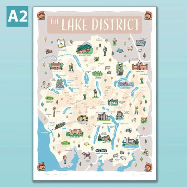 Lake District illustrated map poster A2, Cumbria