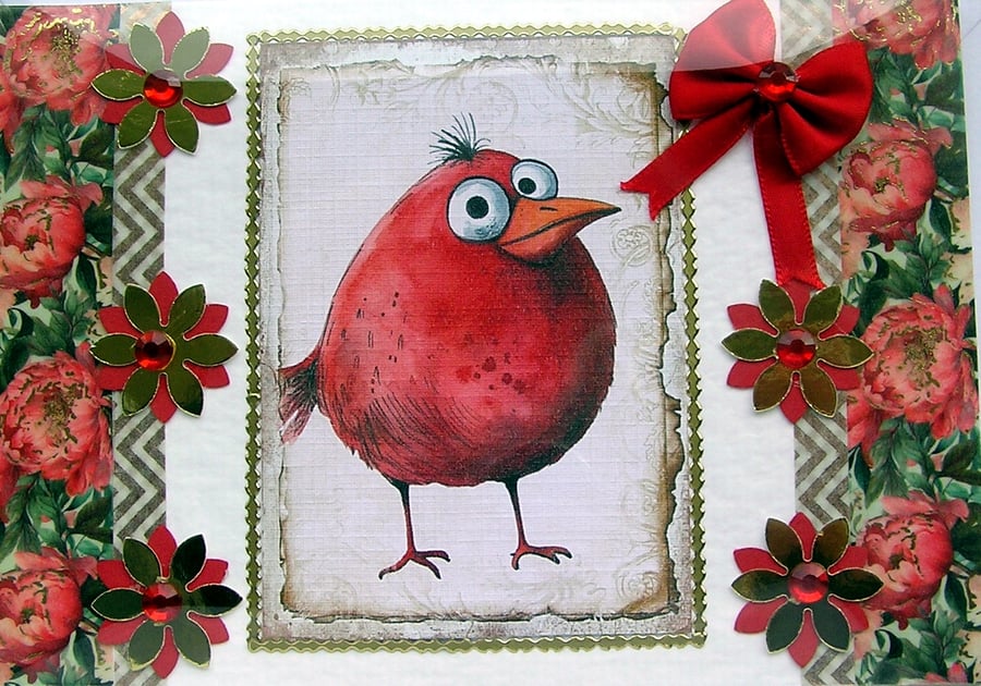 Comical Chubby Red Bird - Hand Crafted Decoupage Greeting Card - Blank - 2696