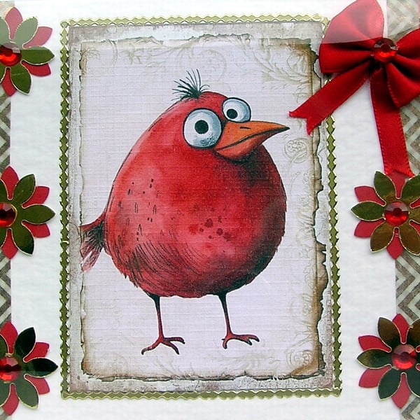 Comical Chubby Red Bird - Hand Crafted Decoupage Greeting Card - Blank - 2696