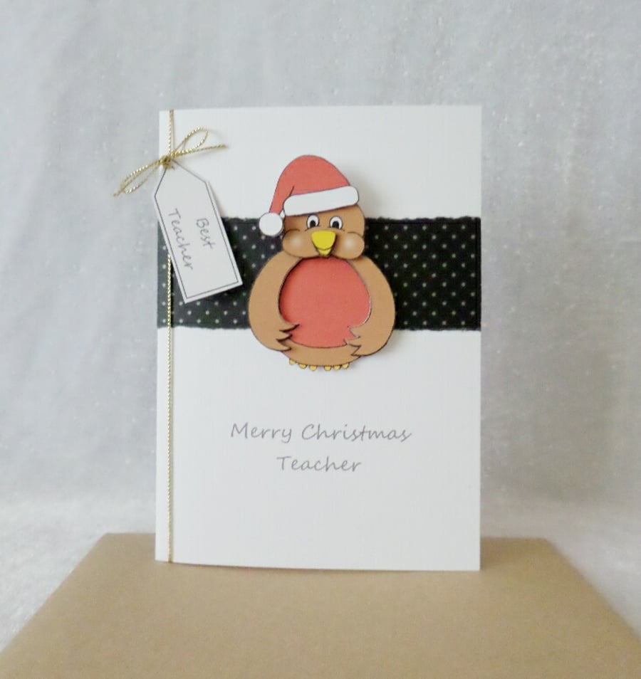 Christmas Teacher Card Robin with Santa hat