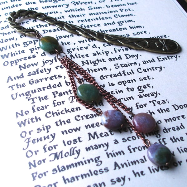 Bookmark with Cascade of Green and Pink Agate Beads