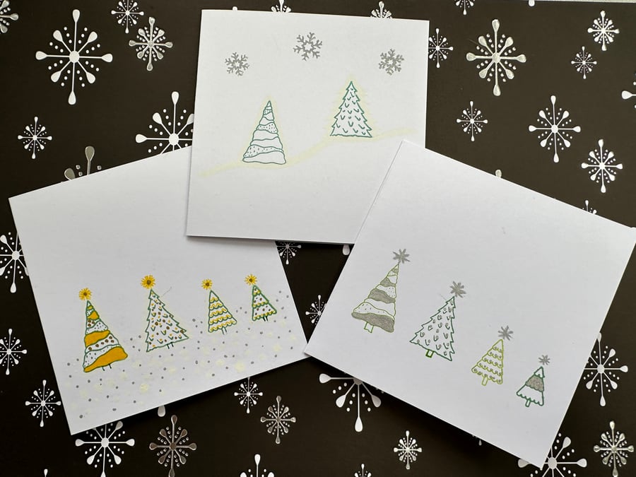 Set of 3 handmade Christmas cards with trees, snow and stars 