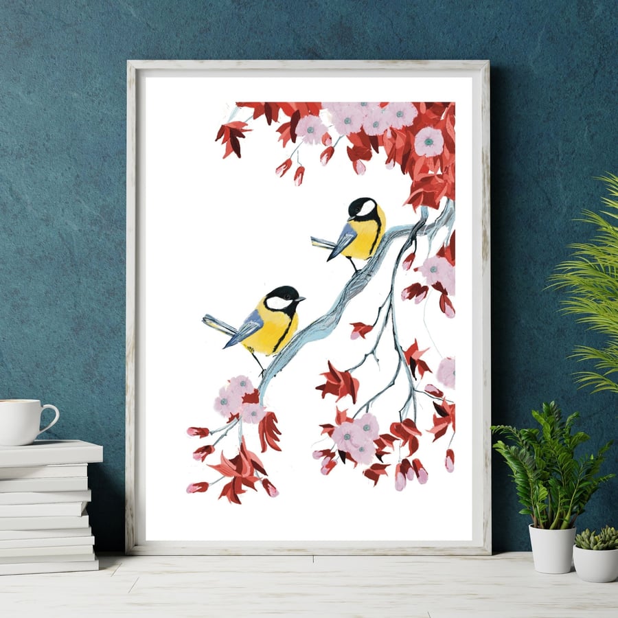 Bird print blossoms print Great Tits art print available mounted