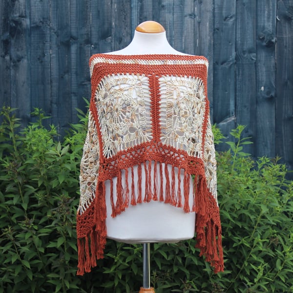 Rust and Beige Mix Crochet Poncho - Design A542