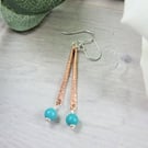 Earrings, Textured Copper Bar with Sterling Silver and Turquoise Gemstones