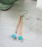 Earrings, Textured Copper Bar with Sterling Silver and Turquoise Gemstones