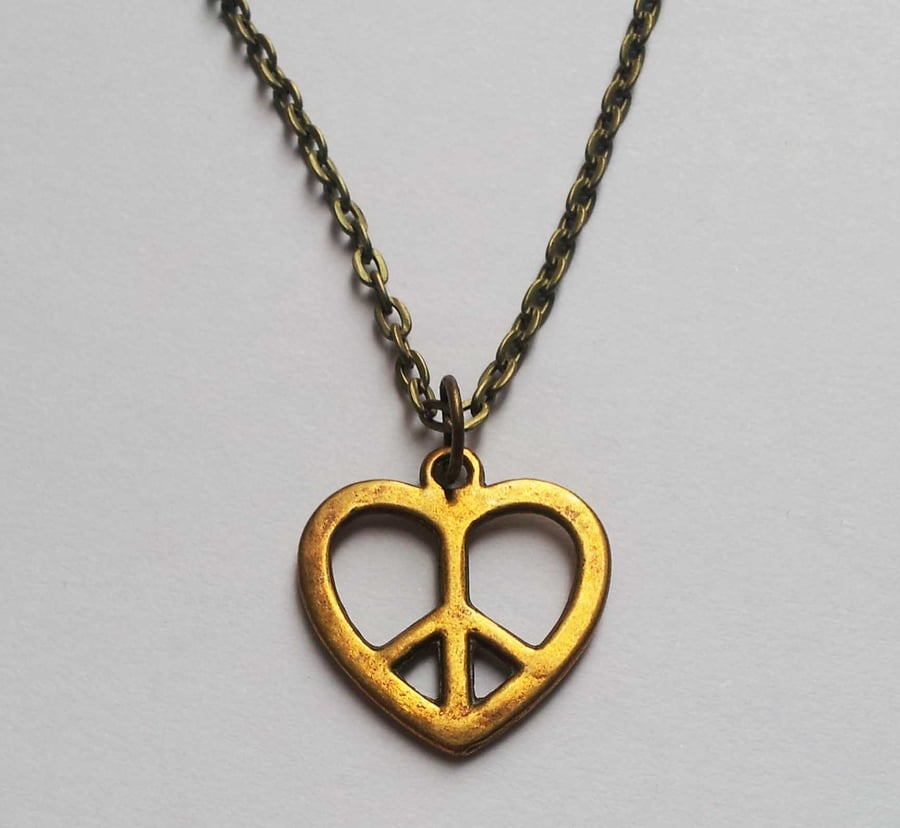 Bronze Peace Sign CND Love Heart Hippie Hippy 60s Retro Necklace