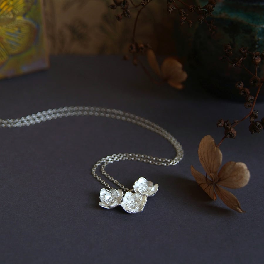 Silver Flower Necklace - Blossom Flower Pendant - Floral Design in Silver