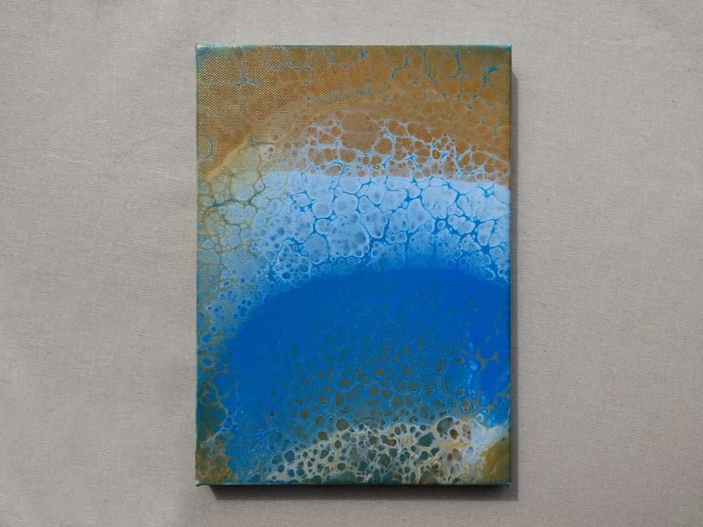 Acrylic Pour Art Canvas, Wall Art - Blue, Yellow Ochre & White Colour Scheme
