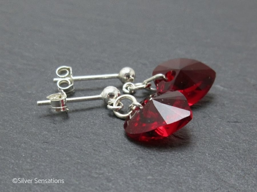 Ruby Red Heart Crystals & Sterling Silver Dangly Stud Earrings - Valentine Gift