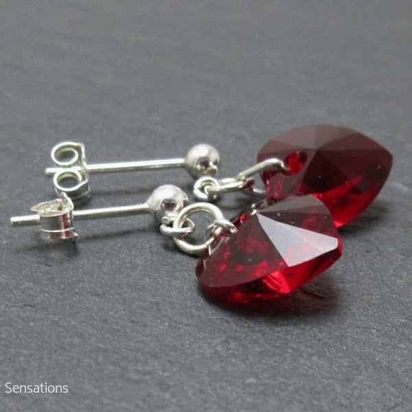 Ruby Red Heart Crystals & Sterling Silver Dangly Stud Earrings - Valentine Gift