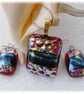 Dichroic Glass Pendant Earring Set 104 Red Band Sparkles with gold plated chain - Image 3