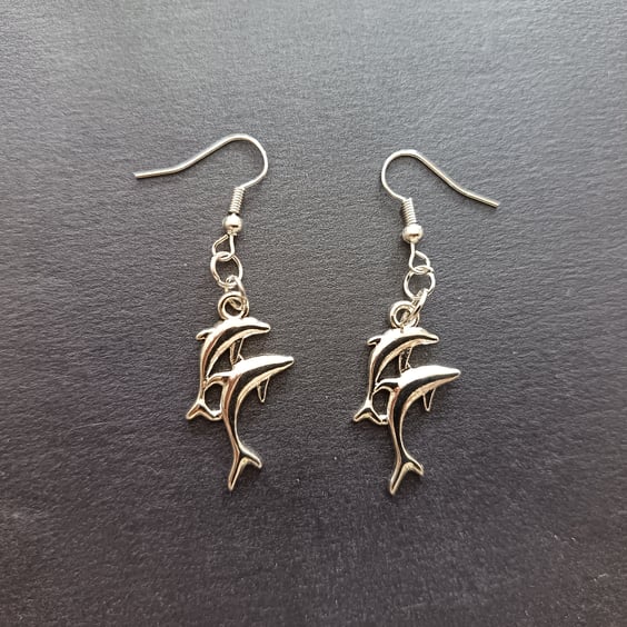 Silver double dolphin charm earrings 
