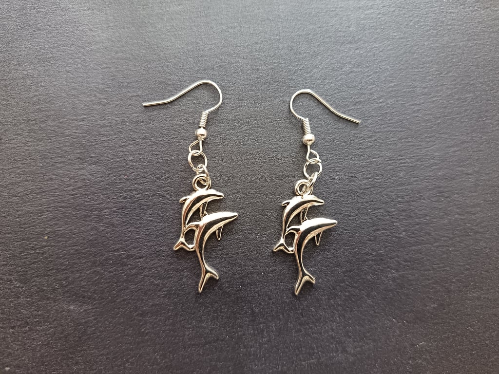 Silver double dolphin charm earrings 