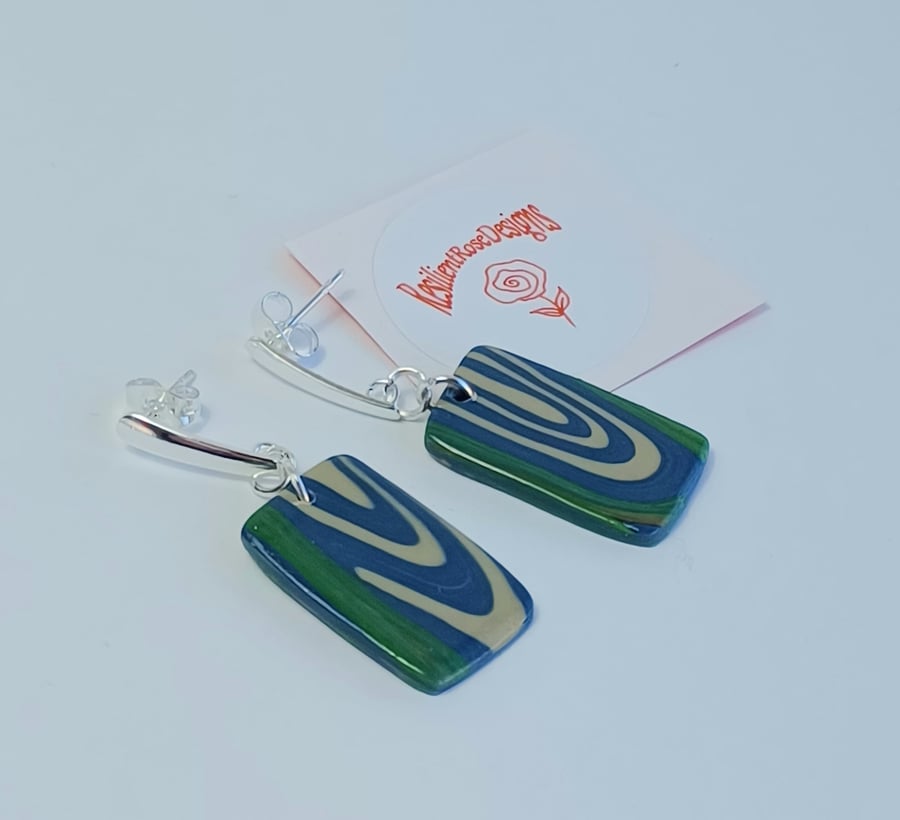 Blue and green abstract swirl unique handmade rectangle dangle earrings  