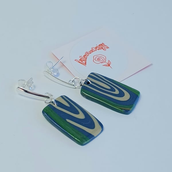 Blue and green abstract swirl unique handmade rectangle dangle earrings  