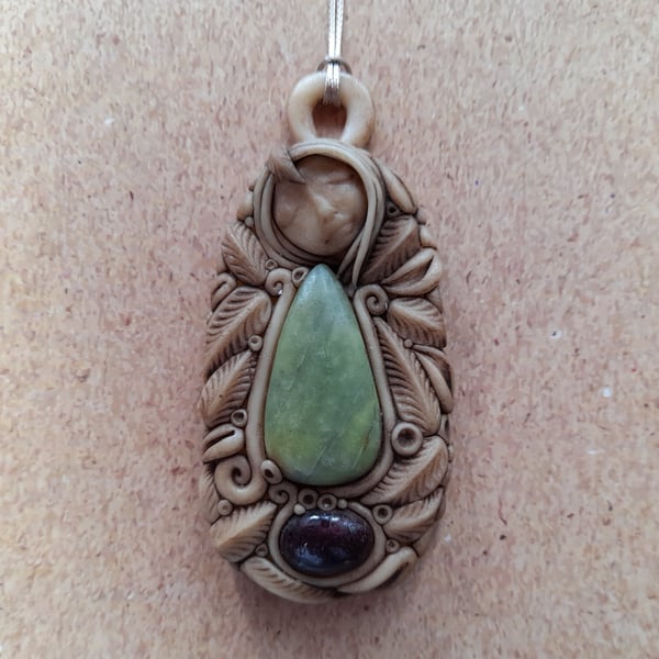 Lovely Vesuvianite with Violet Rhodonite Crystal & Polymer Clay Goddess Pendant