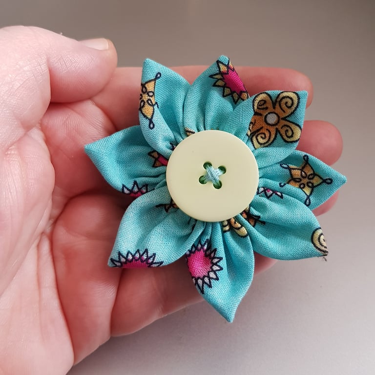 Turquoise Fabric Flower Brooch with Cream Button - Colourful Textile Pin