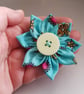 Turquoise Fabric Flower Brooch with Cream Button - Colourful Textile Pin