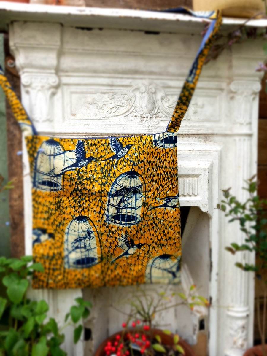 Bird fabric bag.  Long handled 