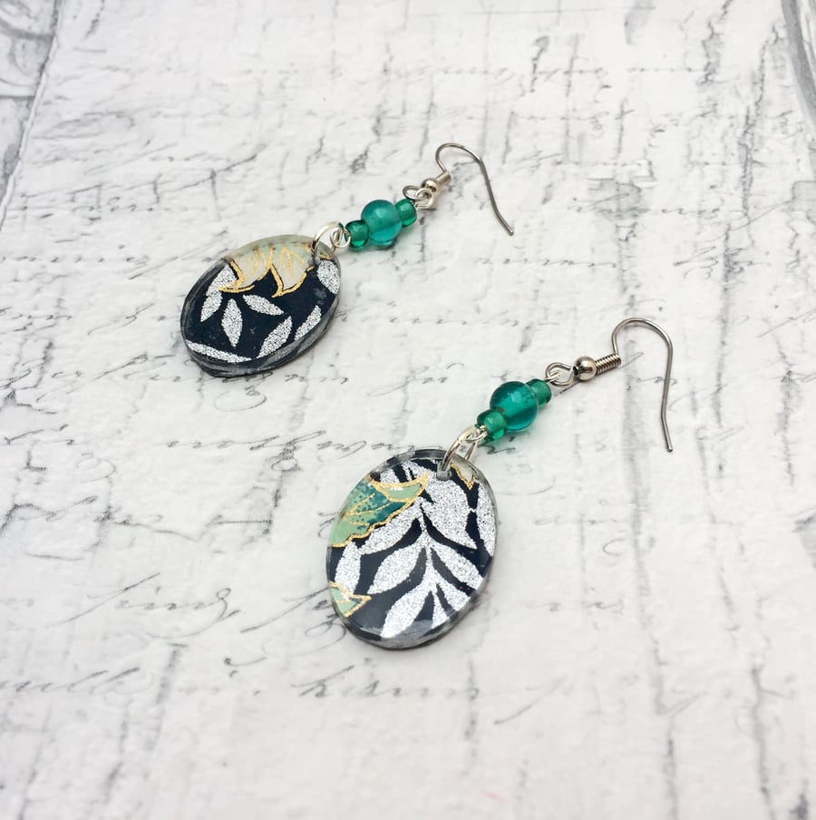 Silver, Black and green jungle leaves Japanese Washi paper dangle earrings