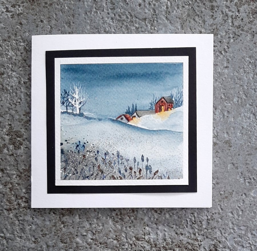 Winter Cottage. Blank Handpainted Gift Greetings Card With Silver Glitter.