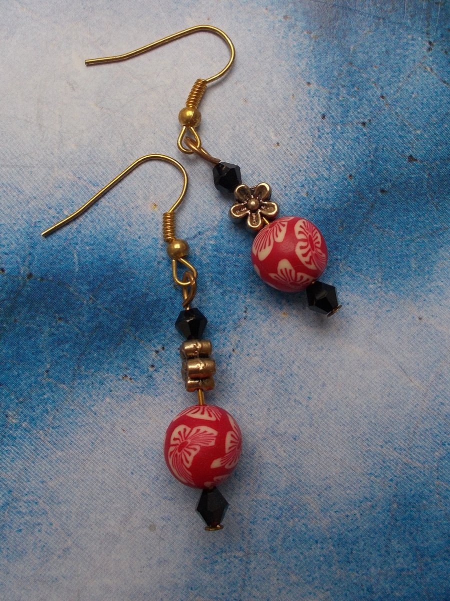 Beautiful Beaded Earrings with Red, Cream, Gold and Black Jet Beads