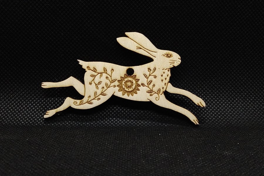Folk Art Hare, wooden decoration, laser etched and cut, hand drawn