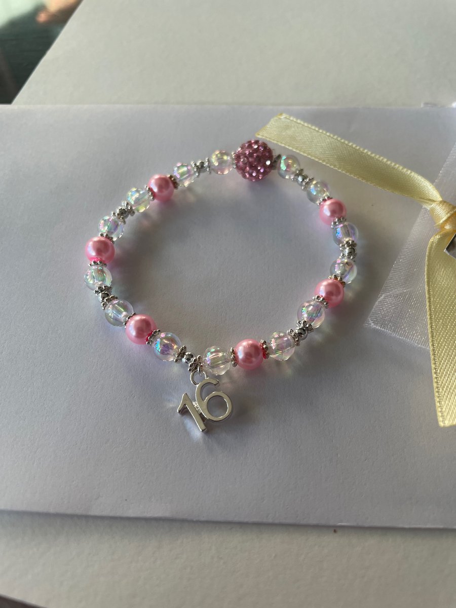 16th birthday milestone bracelet ab crystal and pink stretch bracelet gift