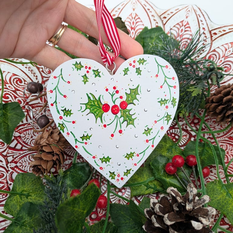 Holly berry hand-painted wooden heart Christmas decoration 