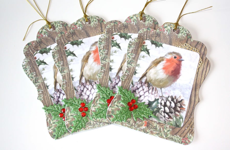 Christmas Gift Tag Robin Holly Leaves Gift Tag Set of 4