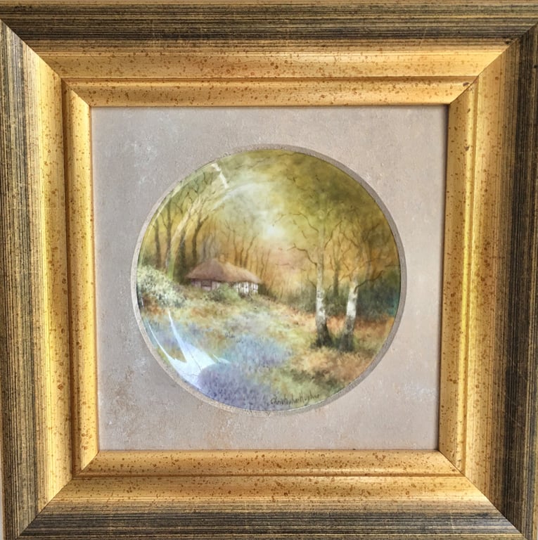 Bluebell Cottage. Handpainted bone china coupe plaque 