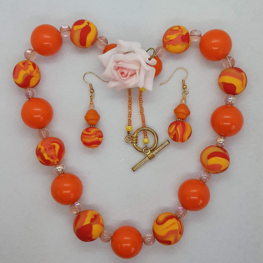 Yellow, orange and red necklace and earring set
