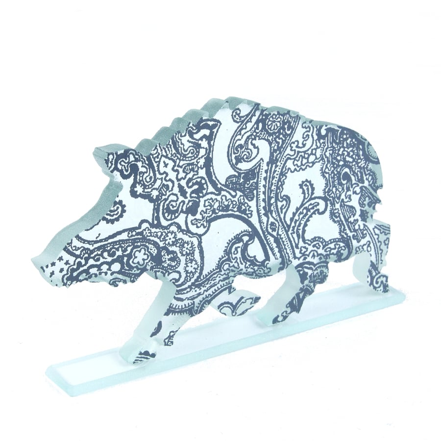 Wild Boar Sculpture in Glass with Paisley Pattern