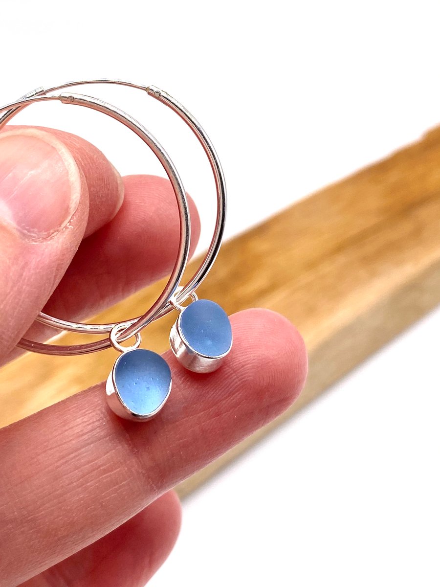Pretty Blue Sea Glass Hoop Earrings
