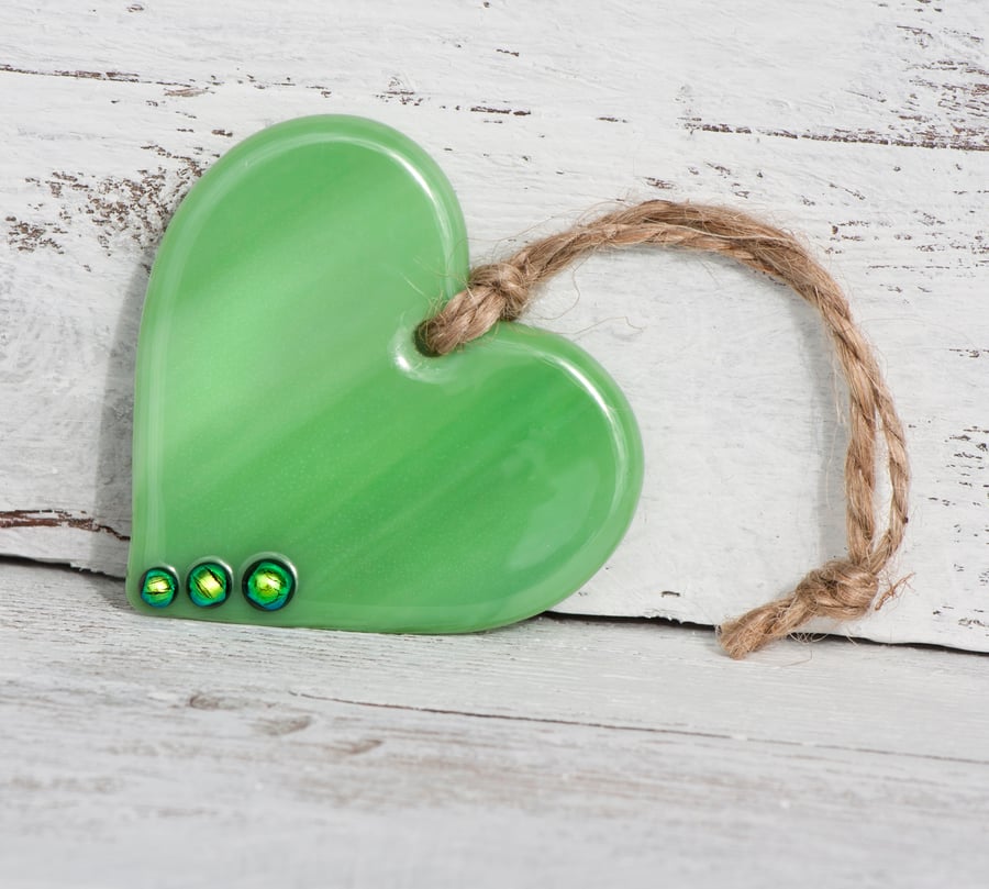 Green Glass Heart with Dichroic Detail