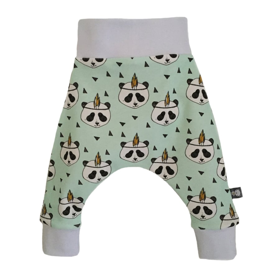ORGANIC Baby HAREM PANTS Relaxed Trousers Mint Green FEATHER PANDAS Gift Idea