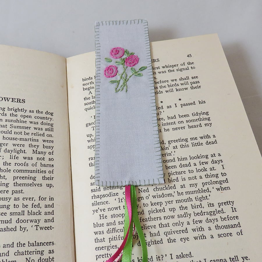 SALE - Pink Rose Bookmark - painted and stitched