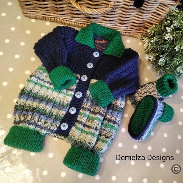 Cosy Baby Boy's Hand Knitted Romper set with cotton & wool  0-6 months size