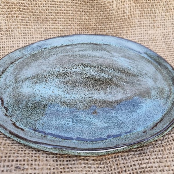 Handmade Blue glazed Ceramic  small oval plate Trinket Dish