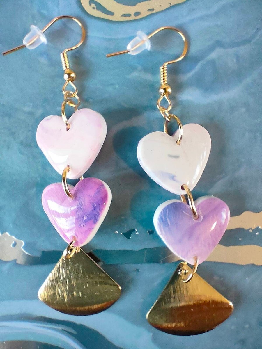 Triple Drop Polymer Clay Heart Earrings